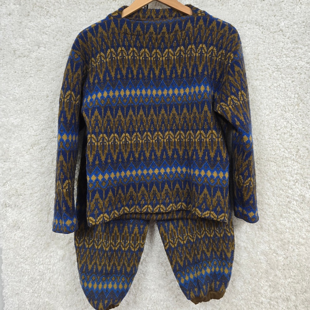 Vintage Fair Isle Knit Sweater and Pants Set Small Blue Brown Geometric Boho